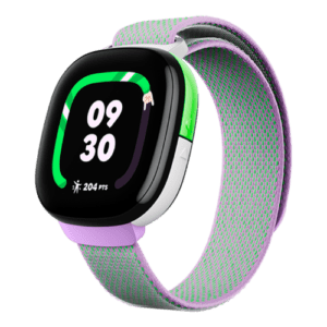 Seitlicher Anblick der Kinder Smartwatch Fitbit Kids Ace LTE in flieder hellgrau