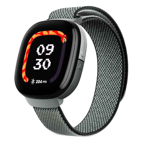 Seitlicher Anblick der Kinder Smartwatch Fitbit Kids Ace LTE in schwarz grau